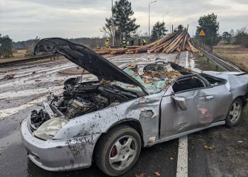 Kłody drewna zmiażdżyły samochody. Poważny wypadek na DK11