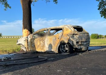 Śmiertelny wypadek na DW214. Samochód spłonął doszczętnie