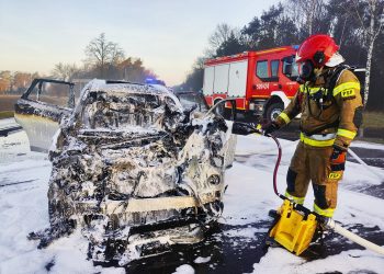 Pożar osobówki na DW185. Jedna osoba ranna