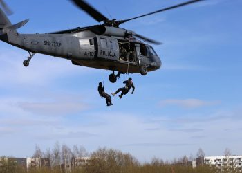 Strażacy na policyjnym ćwiczeniu wysokościowym