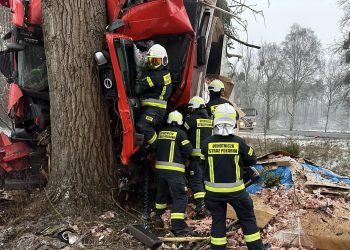 Ciężarówka uderzyła w drzewo. Ciężka akcja strażaków