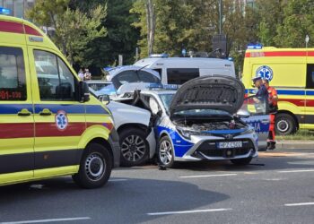 Wypadek z udziałem radiowozu na Mokotowie. Trzy osoby w szpitalu