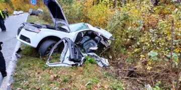 Wypadek na DW-205. Osobówka w częściach, cztery osoby w szpitalu