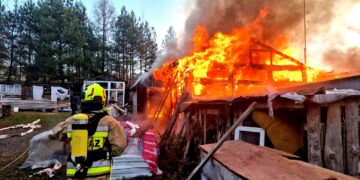 Pożar stolarni w Niebocku. Z ogniem walczyło blisko 50 strażaków
