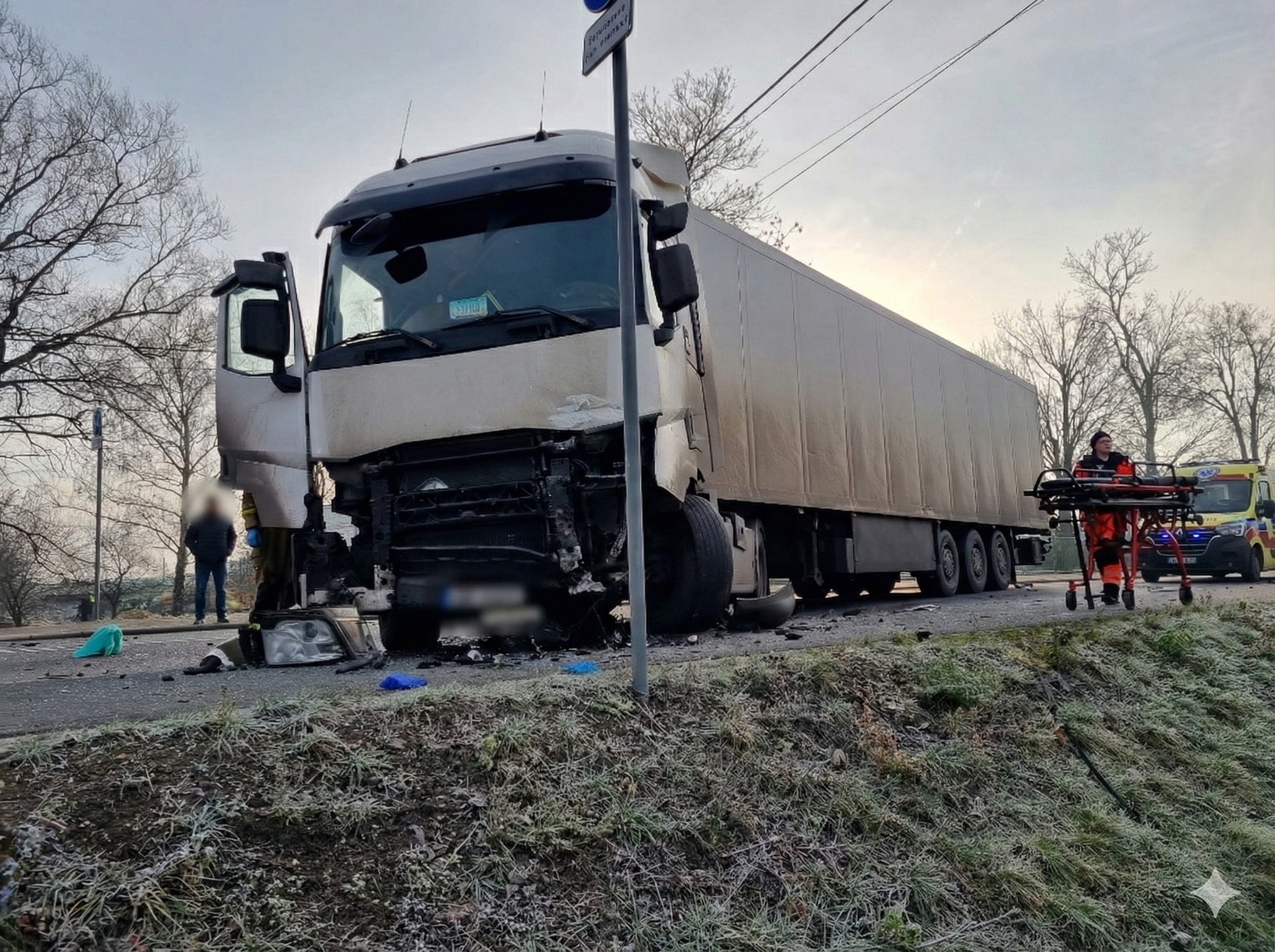 Czołowe zderzenie osobówki z ciężarówką w Chełmie Śląskim