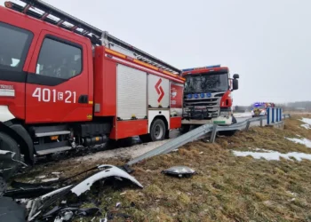 Karambol pod Bełchatowem. Uszkodzone wozy strażackie i karetka
