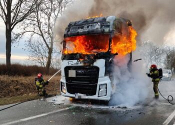 Pożar ciągnika siodłowego na drodze wojewódzkiej nr 119