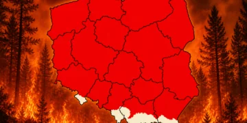 Cała mapa na czerwono. Duże zagrożenie pożarowe w lasach