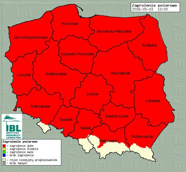 Cała mapa na czerwono. Duże zagrożenie pożarowe w lasach